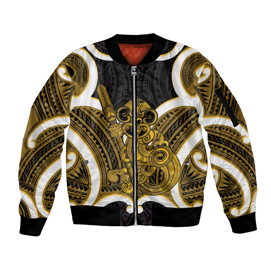 Kowhai Aotearoa Atua Tumatauenga Personalised Sleeve Zip Bomber Jacket Maori God Of War Tiki With Taiaha