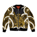 Kowhai Aotearoa Atua Tumatauenga Personalised Sleeve Zip Bomber Jacket Maori God Of War Tiki With Taiaha