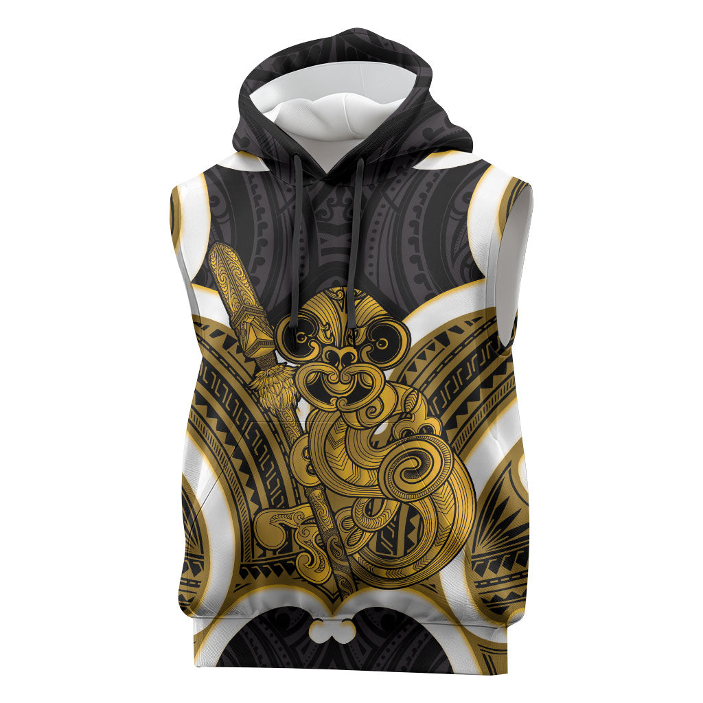 Kowhai Aotearoa Atua Tumatauenga Personalised Sleeveless Hoodie Maori God Of War Tiki With Taiaha