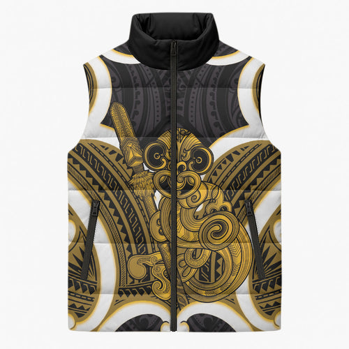 Kowhai Aotearoa Atua Tumatauenga Personalised Sleeveless Puffer Jacket Maori God Of War Tiki With Taiaha
