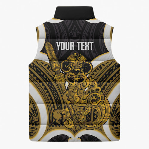 Kowhai Aotearoa Atua Tumatauenga Personalised Sleeveless Puffer Jacket Maori God Of War Tiki With Taiaha