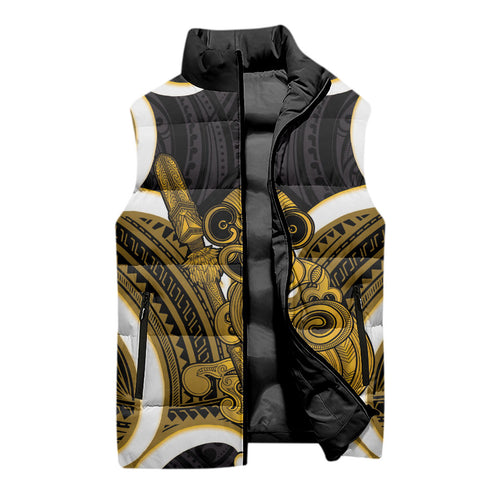 Kowhai Aotearoa Atua Tumatauenga Personalised Sleeveless Puffer Jacket Maori God Of War Tiki With Taiaha