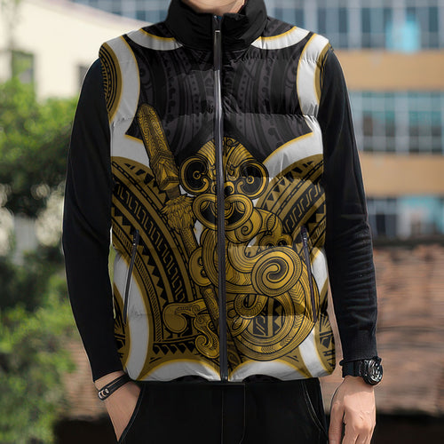 Kowhai Aotearoa Atua Tumatauenga Personalised Sleeveless Puffer Jacket Maori God Of War Tiki With Taiaha