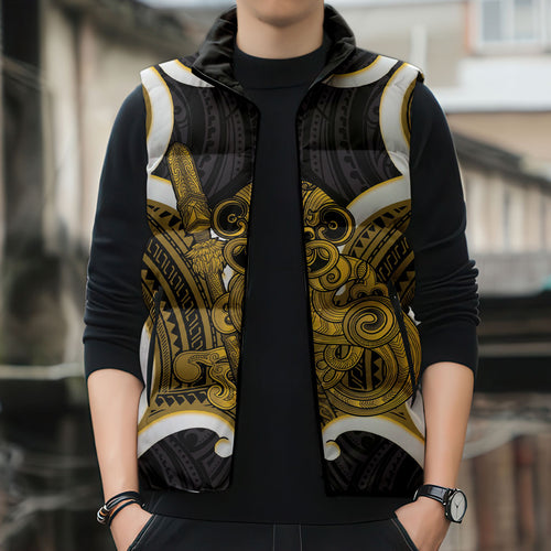 Kowhai Aotearoa Atua Tumatauenga Personalised Sleeveless Puffer Jacket Maori God Of War Tiki With Taiaha