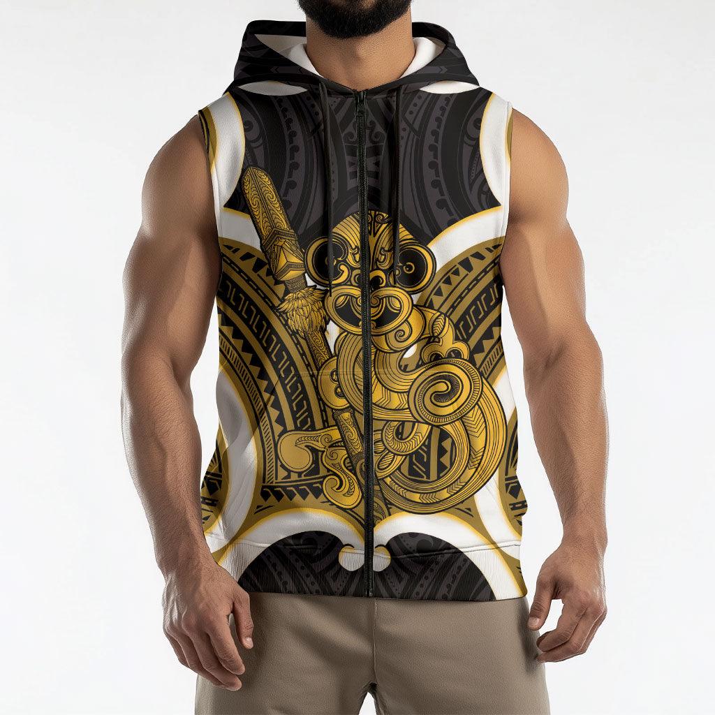 Kowhai Aotearoa Atua Tumatauenga Personalised Sleeveless Zip Hoodie Maori God Of War Tiki With Taiaha