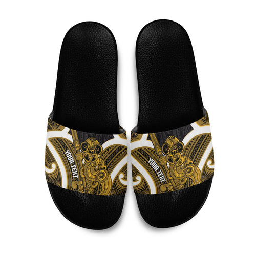 Kowhai Aotearoa Atua Tumatauenga Personalised Slide Sandals Maori God Of War Tiki With Taiaha