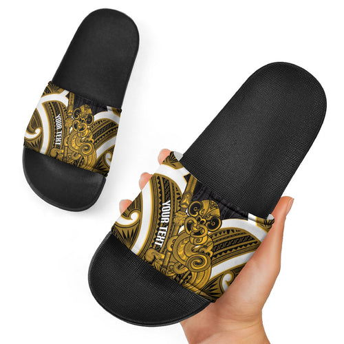 Kowhai Aotearoa Atua Tumatauenga Personalised Slide Sandals Maori God Of War Tiki With Taiaha