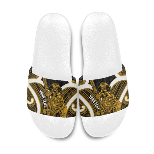 Kowhai Aotearoa Atua Tumatauenga Personalised Slide Sandals Maori God Of War Tiki With Taiaha