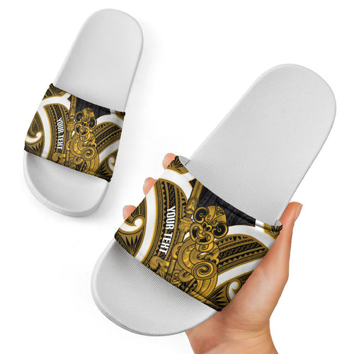 Kowhai Aotearoa Atua Tumatauenga Personalised Slide Sandals Maori God Of War Tiki With Taiaha