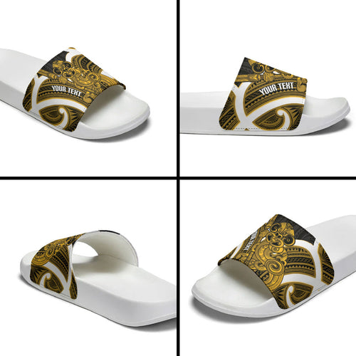 Kowhai Aotearoa Atua Tumatauenga Personalised Slide Sandals Maori God Of War Tiki With Taiaha