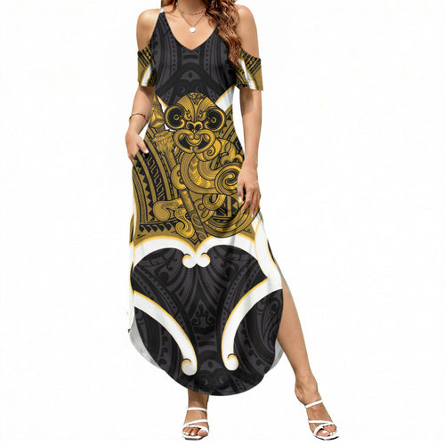 Kowhai Aotearoa Atua Tumatauenga Personalised Summer Maxi Dress Maori God Of War Tiki With Taiaha