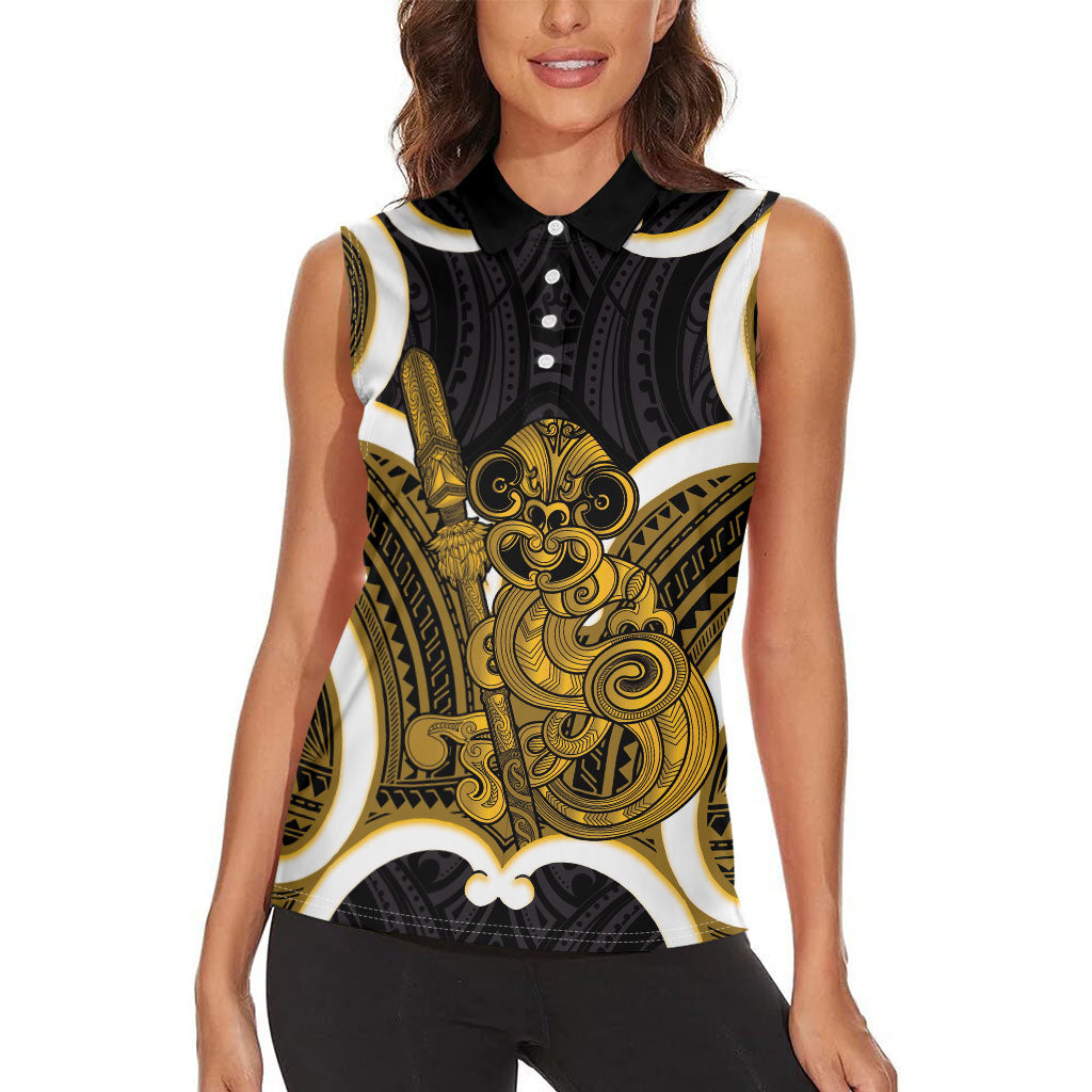Kowhai Aotearoa Atua Tumatauenga Personalised Women Sleeveless Polo Shirt Maori God Of War Tiki With Taiaha