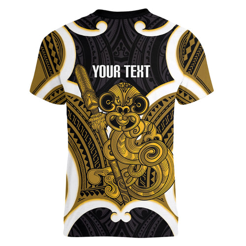 Kowhai Aotearoa Atua Tumatauenga Personalised Women V-Neck T-Shirt Maori God Of War Tiki With Taiaha