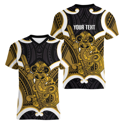 Kowhai Aotearoa Atua Tumatauenga Personalised Women V-Neck T-Shirt Maori God Of War Tiki With Taiaha