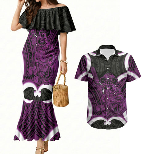 Waiporoporo Aotearoa Atua Tumatauenga Personalised Couples Matching Mermaid Dress and Hawaiian Shirt Maori God Of War Tiki With Taiaha