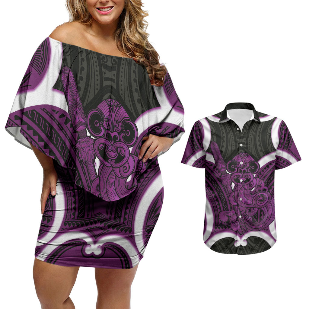Waiporoporo Aotearoa Atua Tumatauenga Personalised Couples Matching Off Shoulder Short Dress and Hawaiian Shirt Maori God Of War Tiki With Taiaha