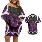 Waiporoporo Aotearoa Atua Tumatauenga Personalised Couples Matching Off Shoulder Short Dress and Hawaiian Shirt Maori God Of War Tiki With Taiaha