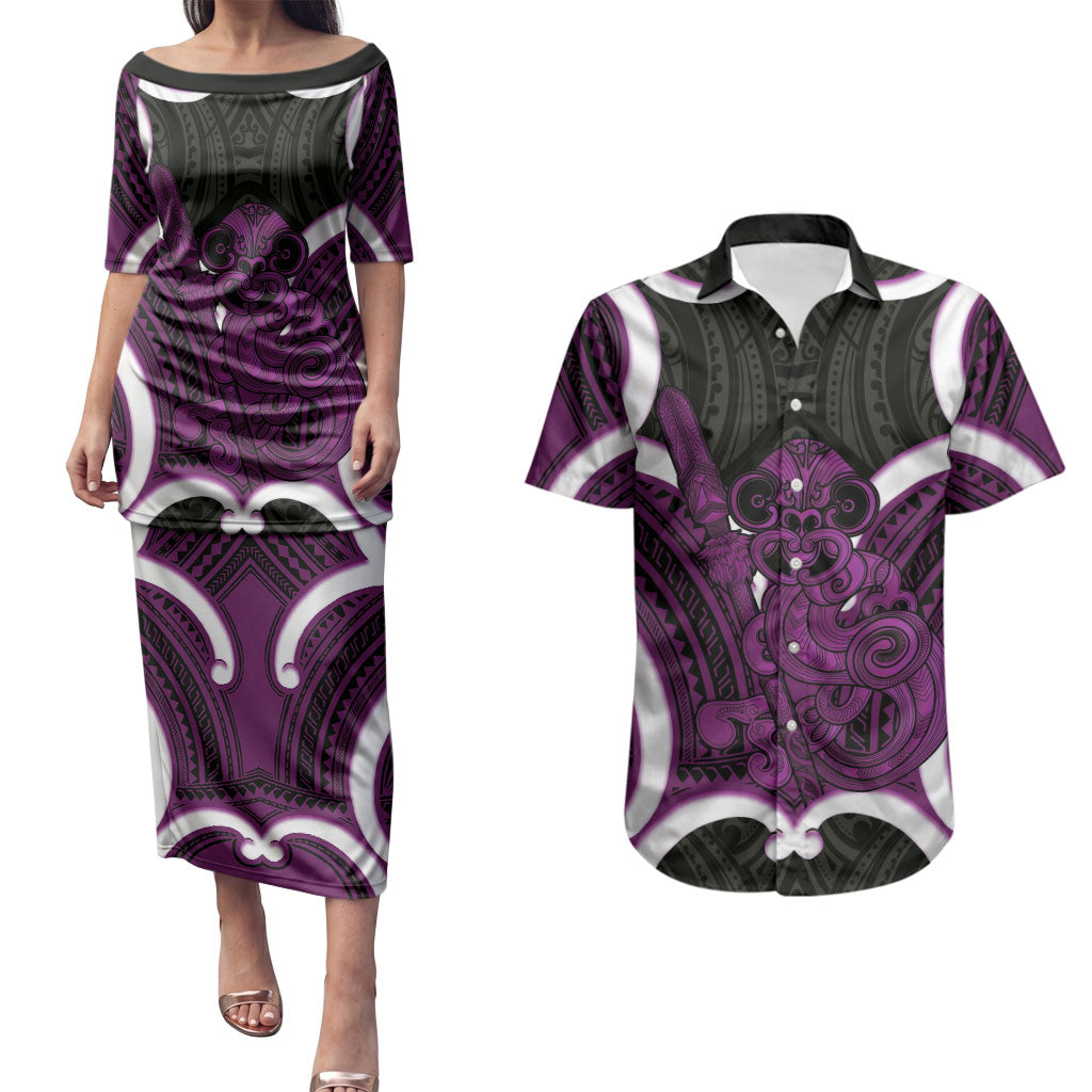 Waiporoporo Aotearoa Atua Tumatauenga Personalised Couples Matching Puletasi and Hawaiian Shirt Maori God Of War Tiki With Taiaha