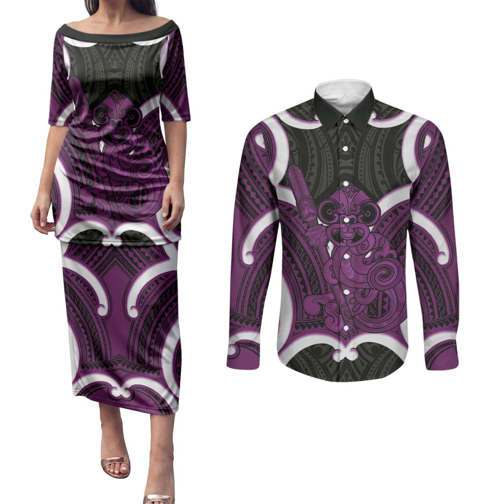 Waiporoporo Aotearoa Atua Tumatauenga Personalised Couples Matching Puletasi and Long Sleeve Button Shirt Maori God Of War Tiki With Taiaha
