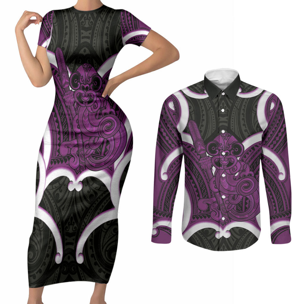 Waiporoporo Aotearoa Atua Tumatauenga Personalised Couples Matching Short Sleeve Bodycon Dress and Long Sleeve Button Shirt Maori God Of War Tiki With Taiaha