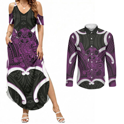 Waiporoporo Aotearoa Atua Tumatauenga Personalised Couples Matching Summer Maxi Dress and Long Sleeve Button Shirt Maori God Of War Tiki With Taiaha