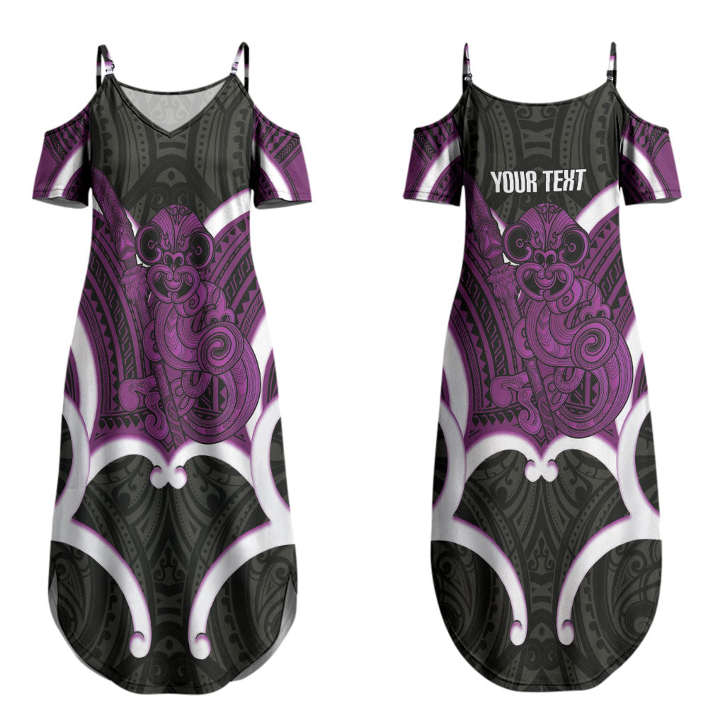 Waiporoporo Aotearoa Atua Tumatauenga Personalised Couples Matching Summer Maxi Dress and Long Sleeve Button Shirt Maori God Of War Tiki With Taiaha