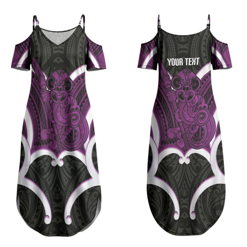 Waiporoporo Aotearoa Atua Tumatauenga Personalised Couples Matching Summer Maxi Dress and Long Sleeve Button Shirt Maori God Of War Tiki With Taiaha