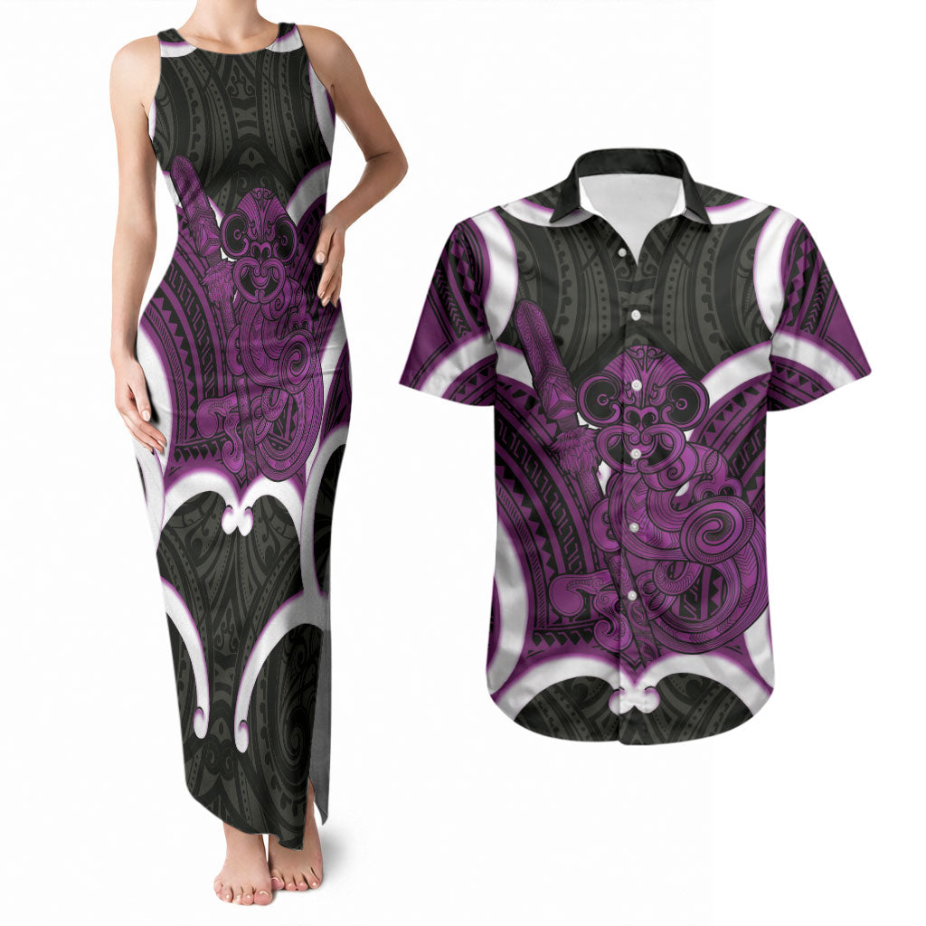Waiporoporo Aotearoa Atua Tumatauenga Personalised Couples Matching Tank Maxi Dress and Hawaiian Shirt Maori God Of War Tiki With Taiaha