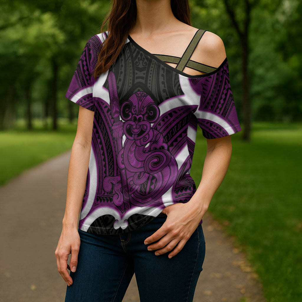Waiporoporo Aotearoa Atua Tumatauenga Personalised Cross Shoulder Shirt Maori God Of War Tiki With Taiaha