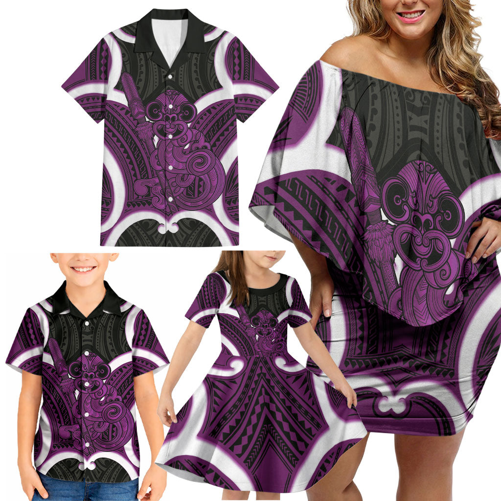 Waiporoporo Aotearoa Atua Tumatauenga Personalised Family Matching Off Shoulder Short Dress and Hawaiian Shirt Maori God Of War Tiki With Taiaha