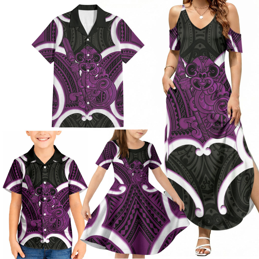 Waiporoporo Aotearoa Atua Tumatauenga Personalised Family Matching Summer Maxi Dress and Hawaiian Shirt Maori God Of War Tiki With Taiaha