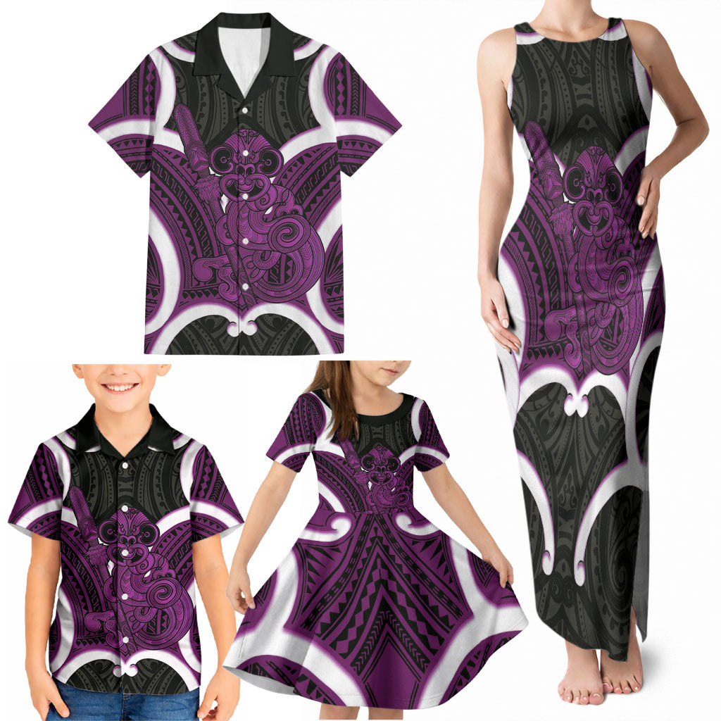 Waiporoporo Aotearoa Atua Tumatauenga Personalised Family Matching Tank Maxi Dress and Hawaiian Shirt Maori God Of War Tiki With Taiaha