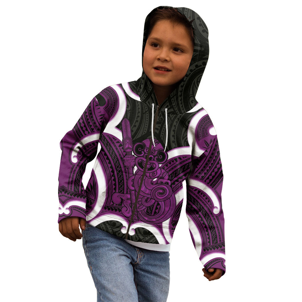 Waiporoporo Aotearoa Atua Tumatauenga Personalised Kid Hoodie Maori God Of War Tiki With Taiaha