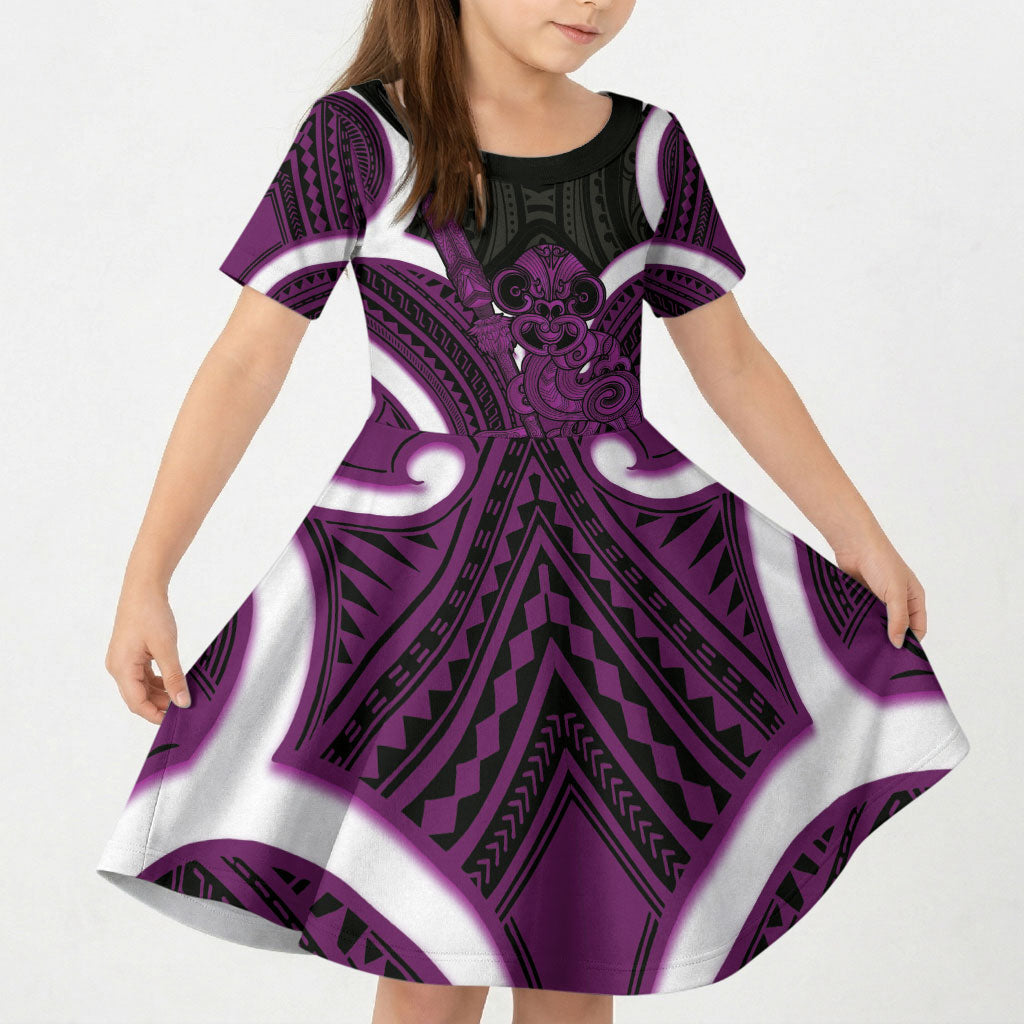 Waiporoporo Aotearoa Atua Tumatauenga Personalised Kid Short Sleeve Dress Maori God Of War Tiki With Taiaha