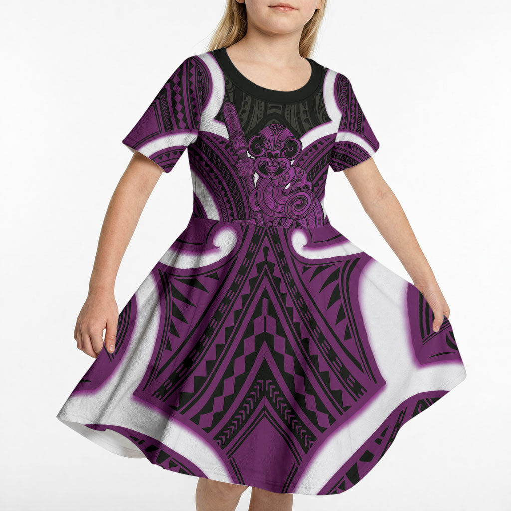Waiporoporo Aotearoa Atua Tumatauenga Personalised Kid Short Sleeve Dress Maori God Of War Tiki With Taiaha