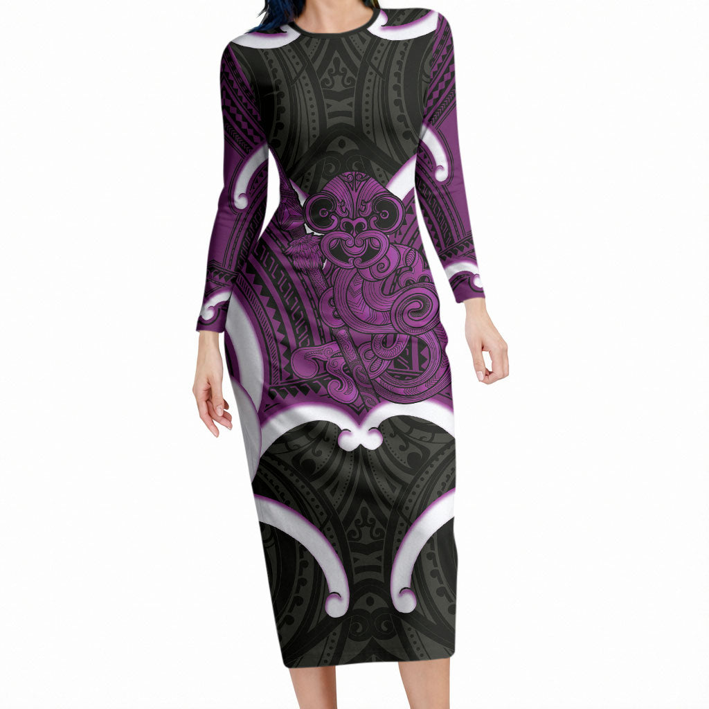 Waiporoporo Aotearoa Atua Tumatauenga Personalised Long Sleeve Bodycon Dress Maori God Of War Tiki With Taiaha