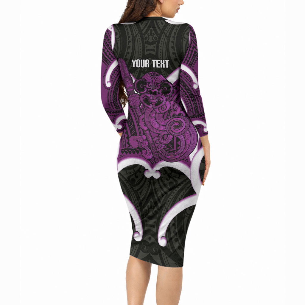 Waiporoporo Aotearoa Atua Tumatauenga Personalised Long Sleeve Bodycon Dress Maori God Of War Tiki With Taiaha