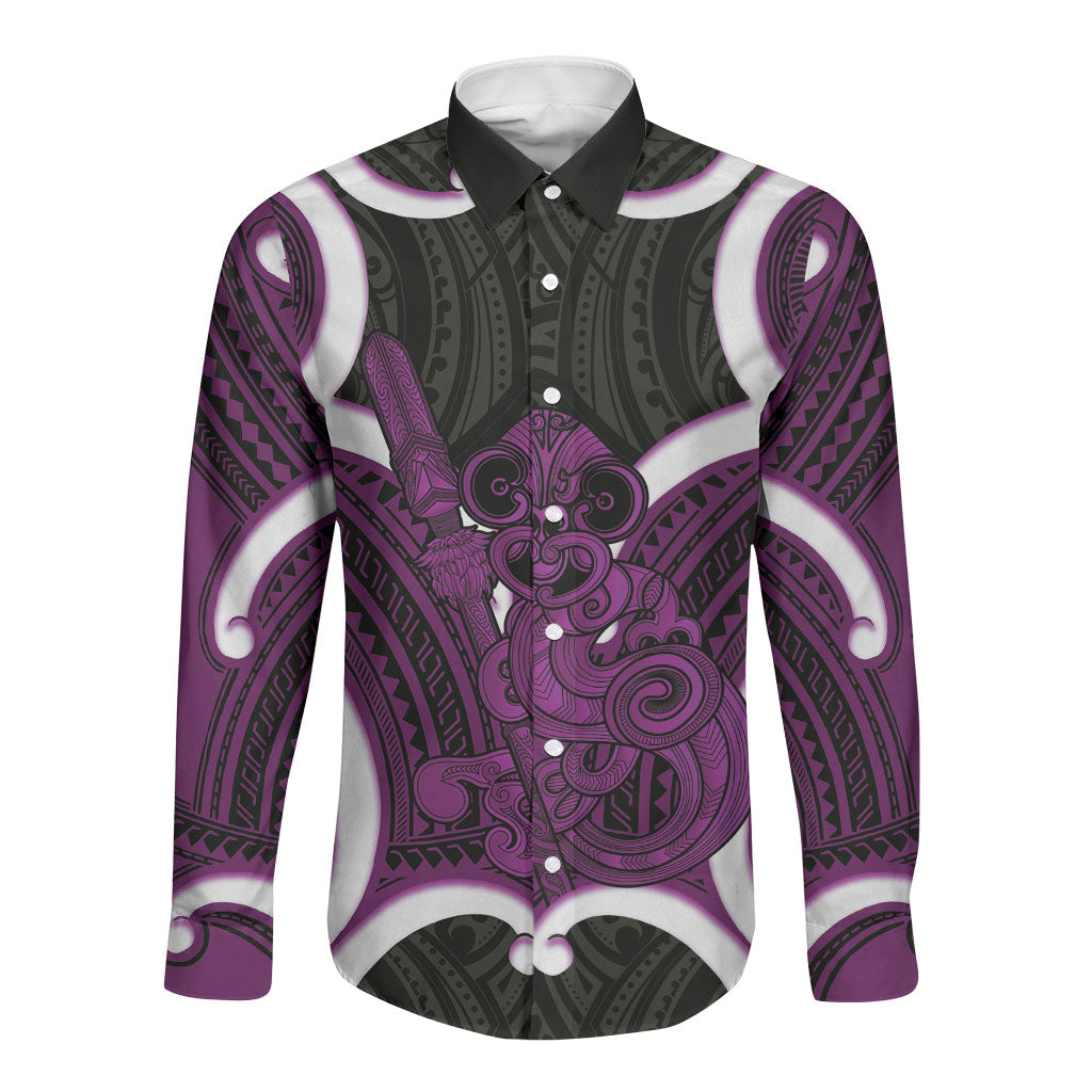 Waiporoporo Aotearoa Atua Tumatauenga Personalised Long Sleeve Button Shirt Maori God Of War Tiki With Taiaha