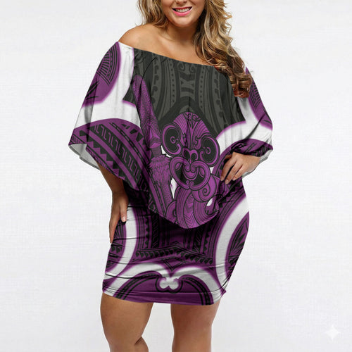 Waiporoporo Aotearoa Atua Tumatauenga Personalised Off Shoulder Short Dress Maori God Of War Tiki With Taiaha