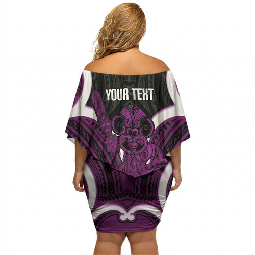 Waiporoporo Aotearoa Atua Tumatauenga Personalised Off Shoulder Short Dress Maori God Of War Tiki With Taiaha