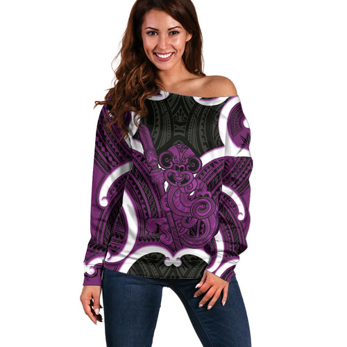 Waiporoporo Aotearoa Atua Tumatauenga Personalised Off Shoulder Sweater Maori God Of War Tiki With Taiaha