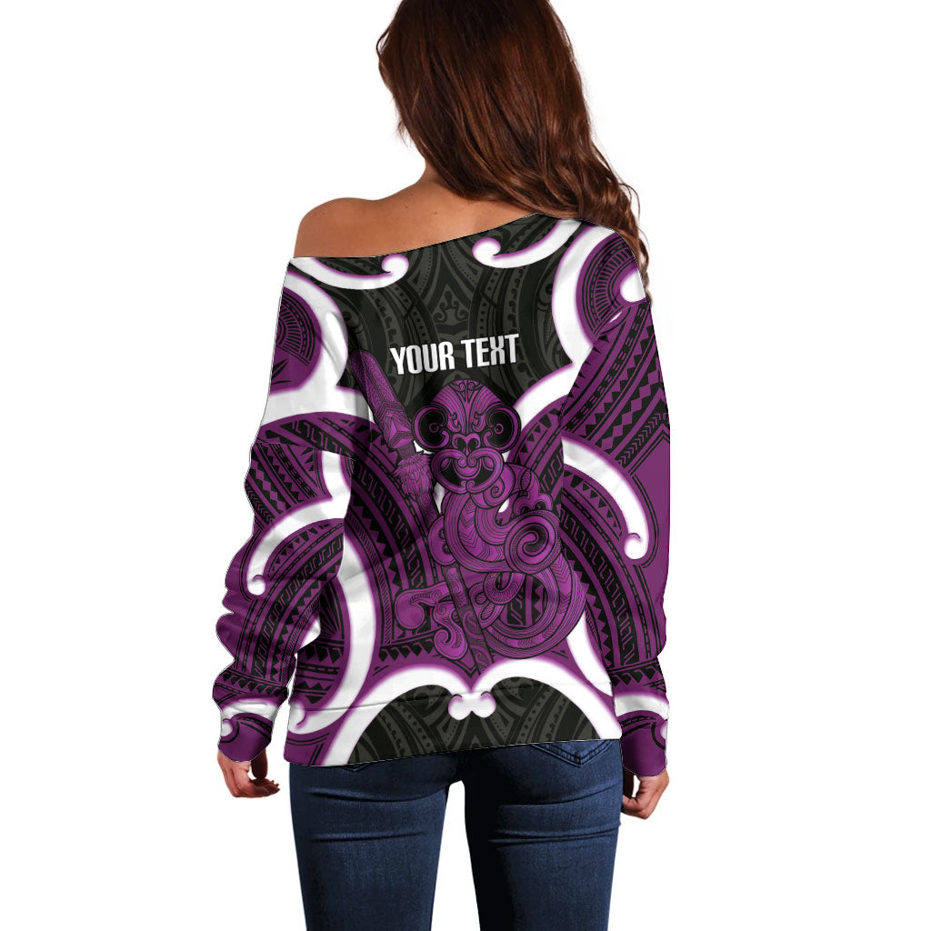 Waiporoporo Aotearoa Atua Tumatauenga Personalised Off Shoulder Sweater Maori God Of War Tiki With Taiaha