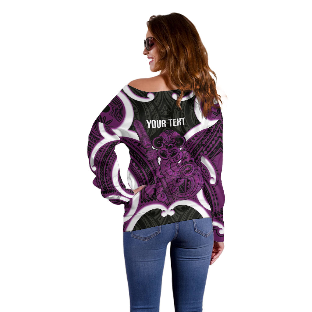 Waiporoporo Aotearoa Atua Tumatauenga Personalised Off Shoulder Sweater Maori God Of War Tiki With Taiaha