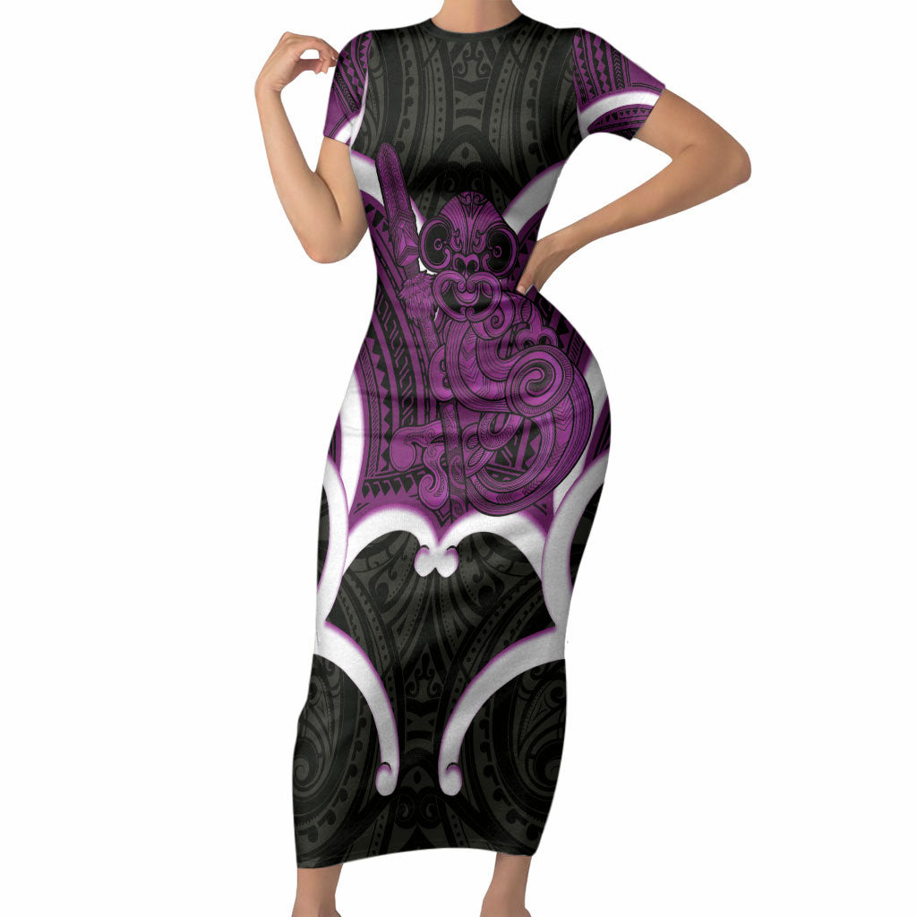 Waiporoporo Aotearoa Atua Tumatauenga Personalised Short Sleeve Bodycon Dress Maori God Of War Tiki With Taiaha