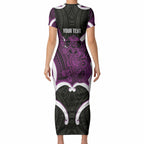 Waiporoporo Aotearoa Atua Tumatauenga Personalised Short Sleeve Bodycon Dress Maori God Of War Tiki With Taiaha
