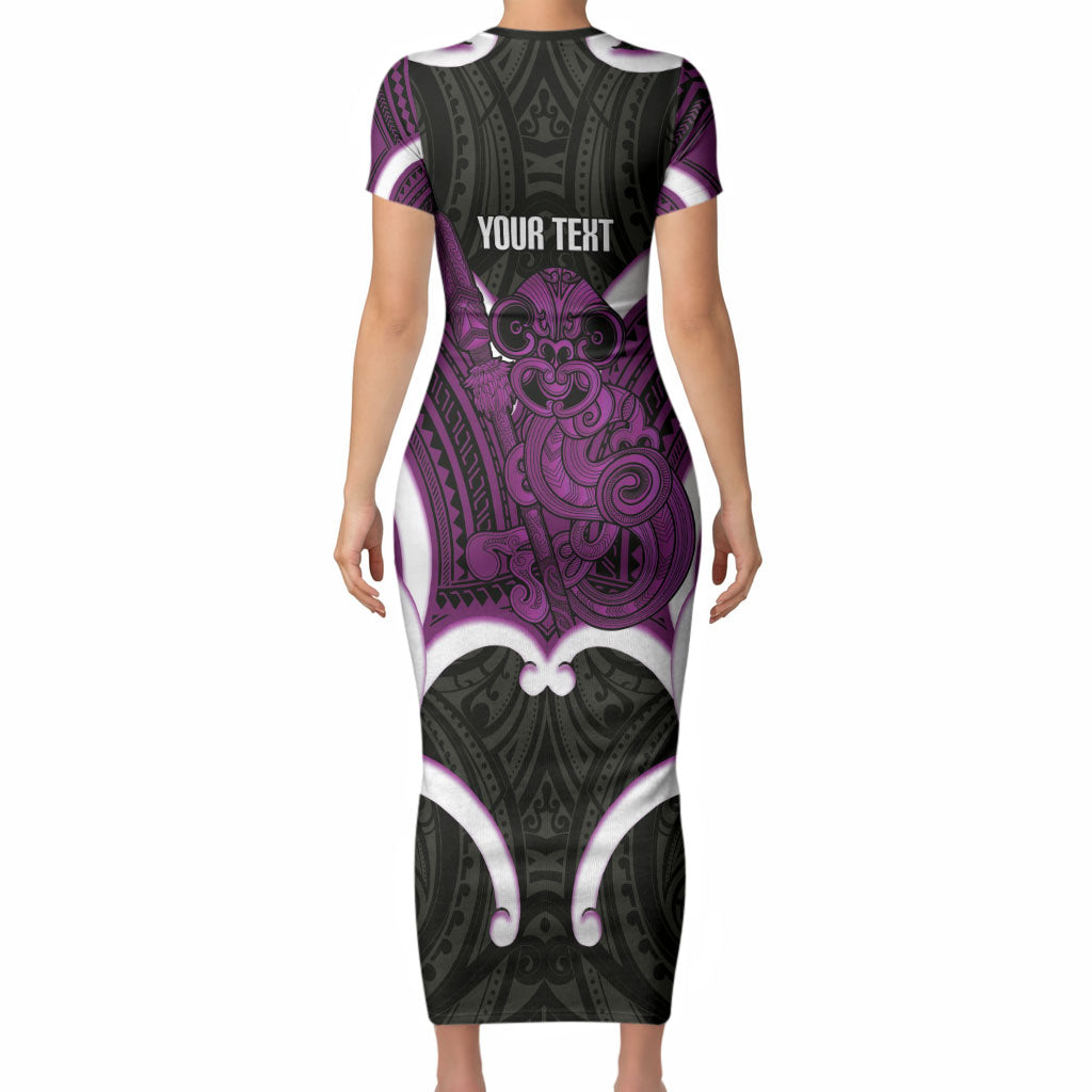 Waiporoporo Aotearoa Atua Tumatauenga Personalised Short Sleeve Bodycon Dress Maori God Of War Tiki With Taiaha