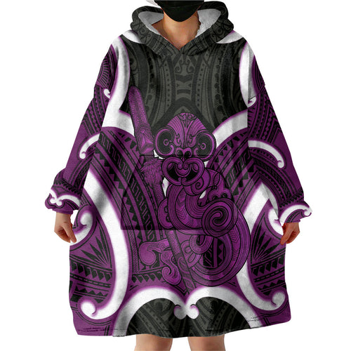Waiporoporo Aotearoa Atua Tumatauenga Personalised Wearable Blanket Hoodie Maori God Of War Tiki With Taiaha