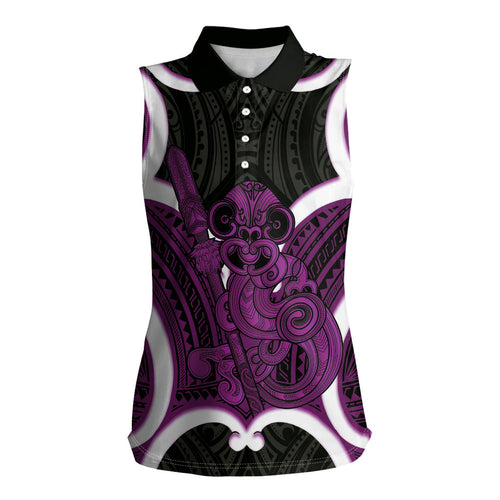 Waiporoporo Aotearoa Atua Tumatauenga Personalised Women Sleeveless Polo Shirt Maori God Of War Tiki With Taiaha