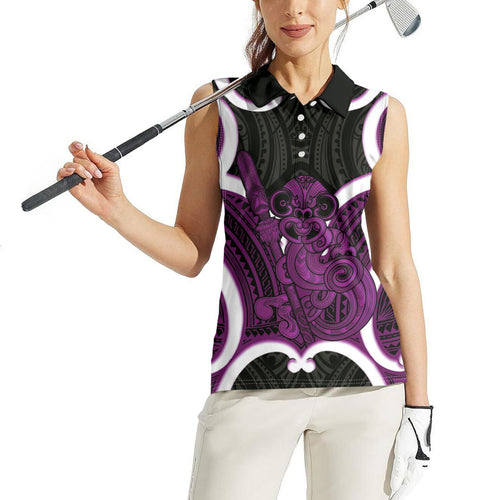 Waiporoporo Aotearoa Atua Tumatauenga Personalised Women Sleeveless Polo Shirt Maori God Of War Tiki With Taiaha