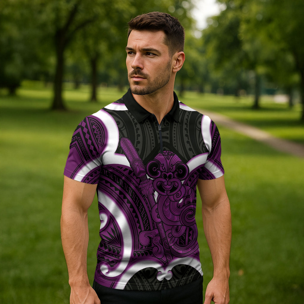 Waiporoporo Aotearoa Atua Tumatauenga Personalised Zipper Polo Shirt Maori God Of War Tiki With Taiaha